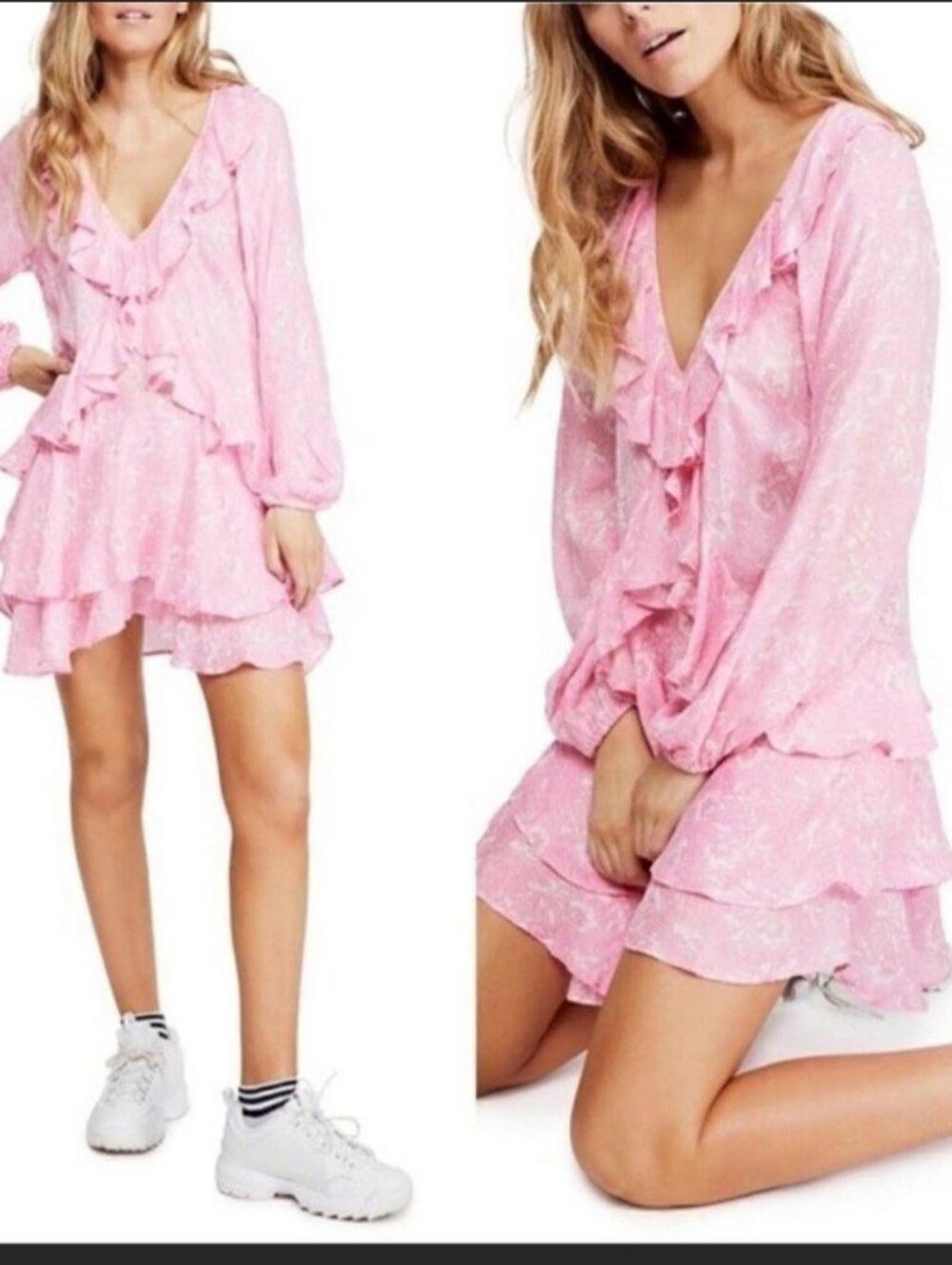 Free People Pink Ruffle Tiered Mini Dress